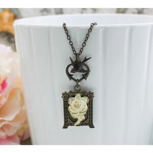Handmade Bronze Sparrow & White Rose Picture Frame Necklace Hollow Heart Charm